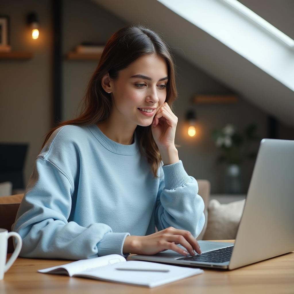 Person watching educational video on laptop in a comfortable home study setup, notebook open, engaged and attentive