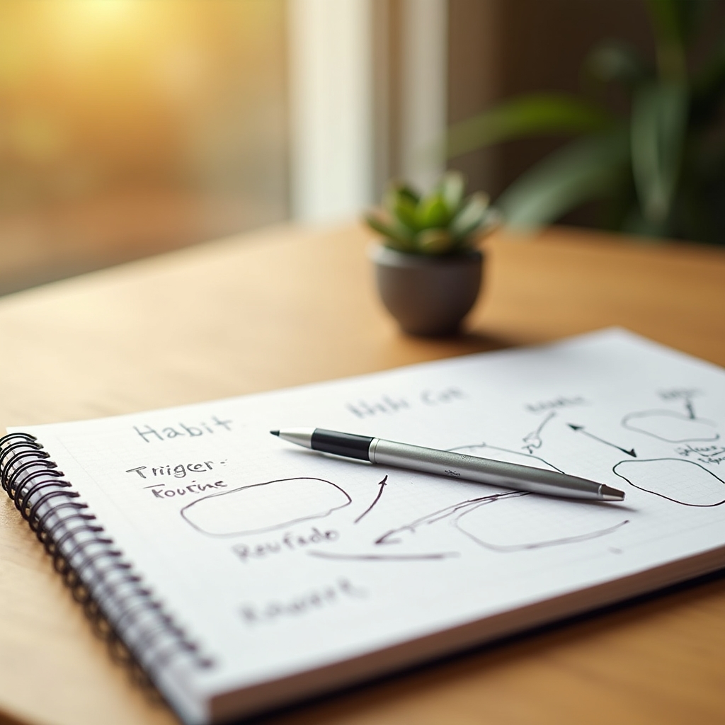 Notebook with habit cue mapping exercise on a clean desk with morning light