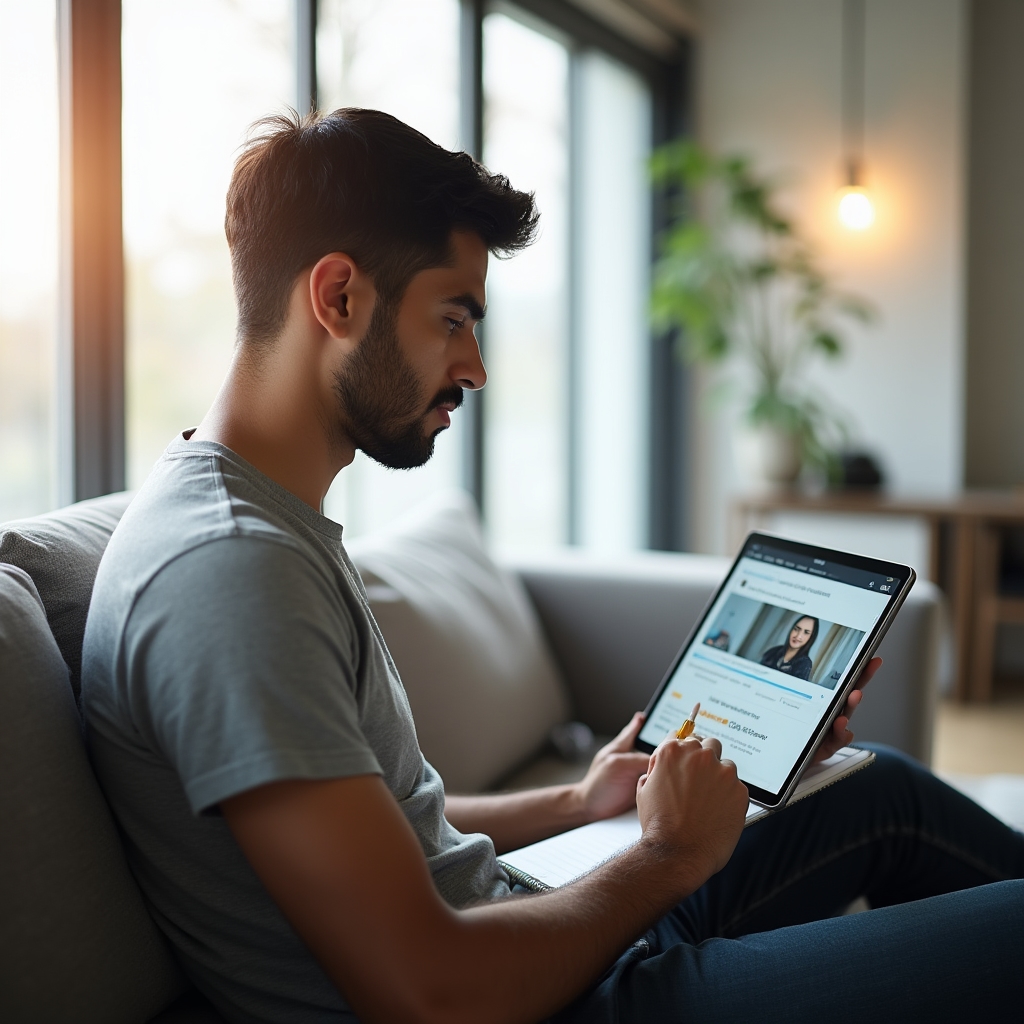 Tablet displaying a course module interface in a clean home workspace, person taking notes alongside, productive learning atmosphere