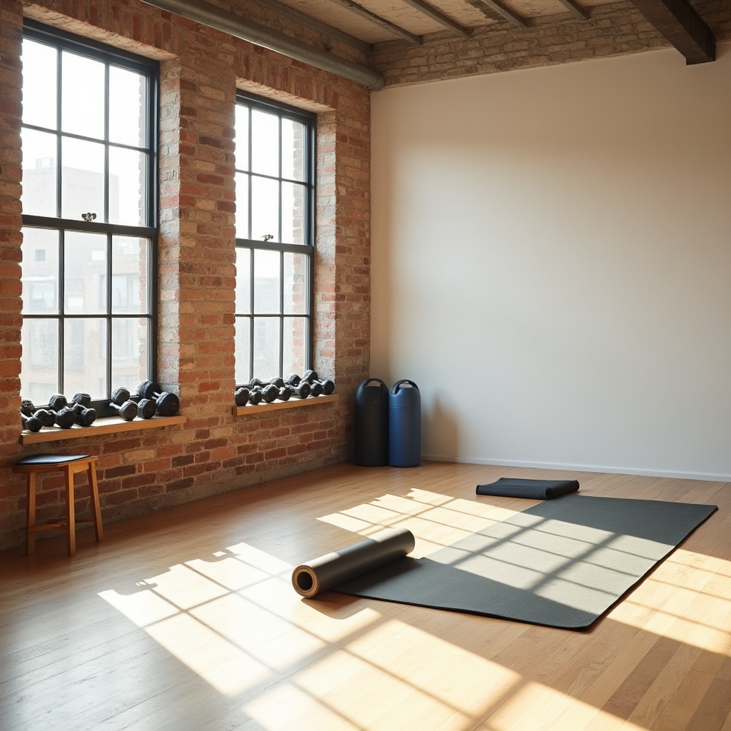 Home workout space with equipment arranged thoughtfully near a window, minimalist aesthetic, natural light streaming in