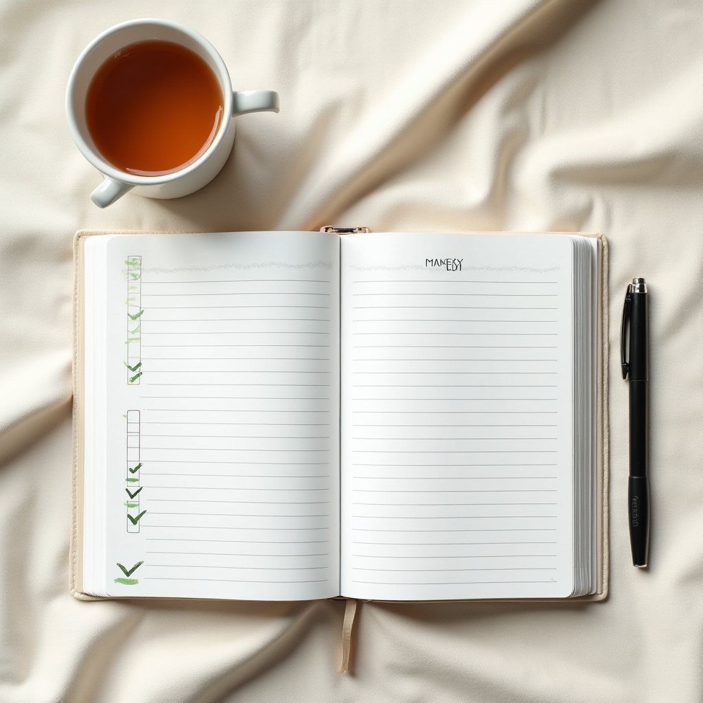 Open planner notebook with habit tracking grid and pen on a light wooden desk, soft morning window light