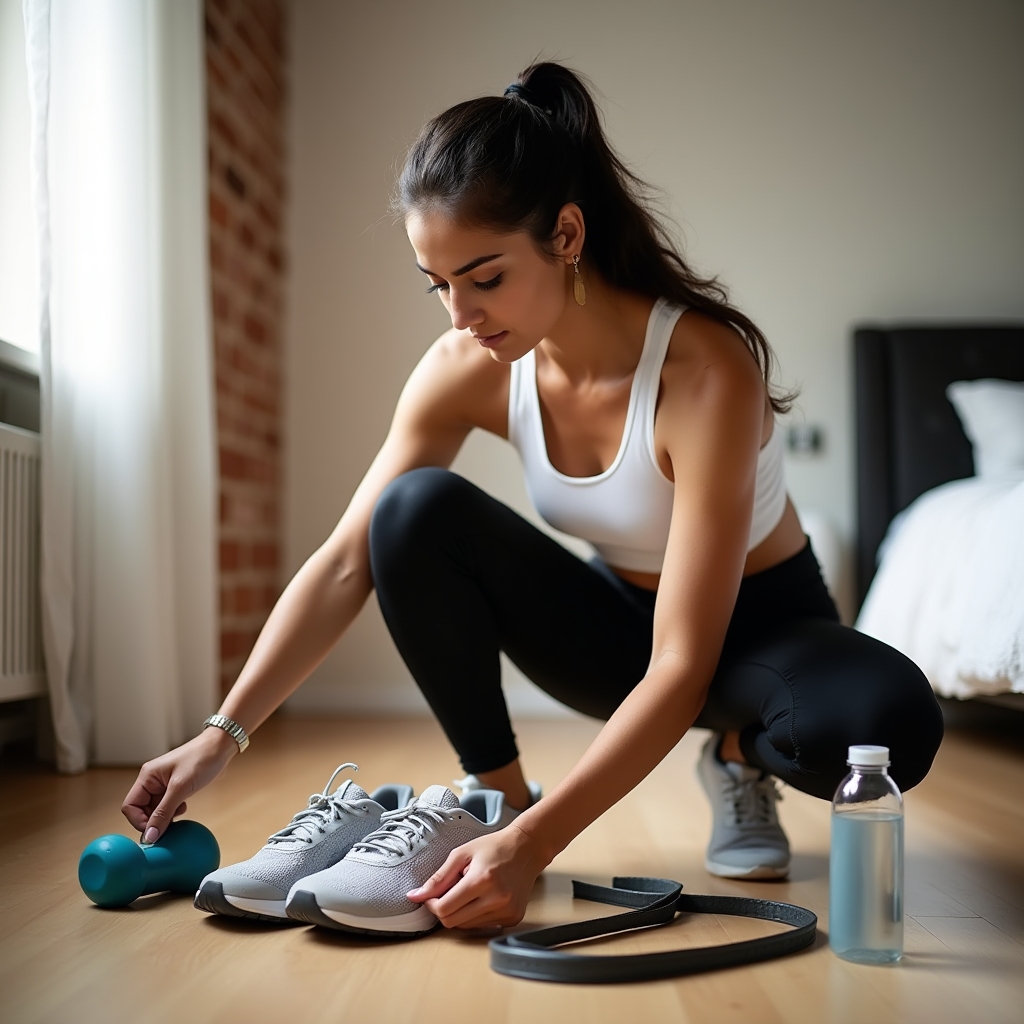 Person preparing morning workout gear laid out neatly on floor in a bright apartment, calm and purposeful atmosphere