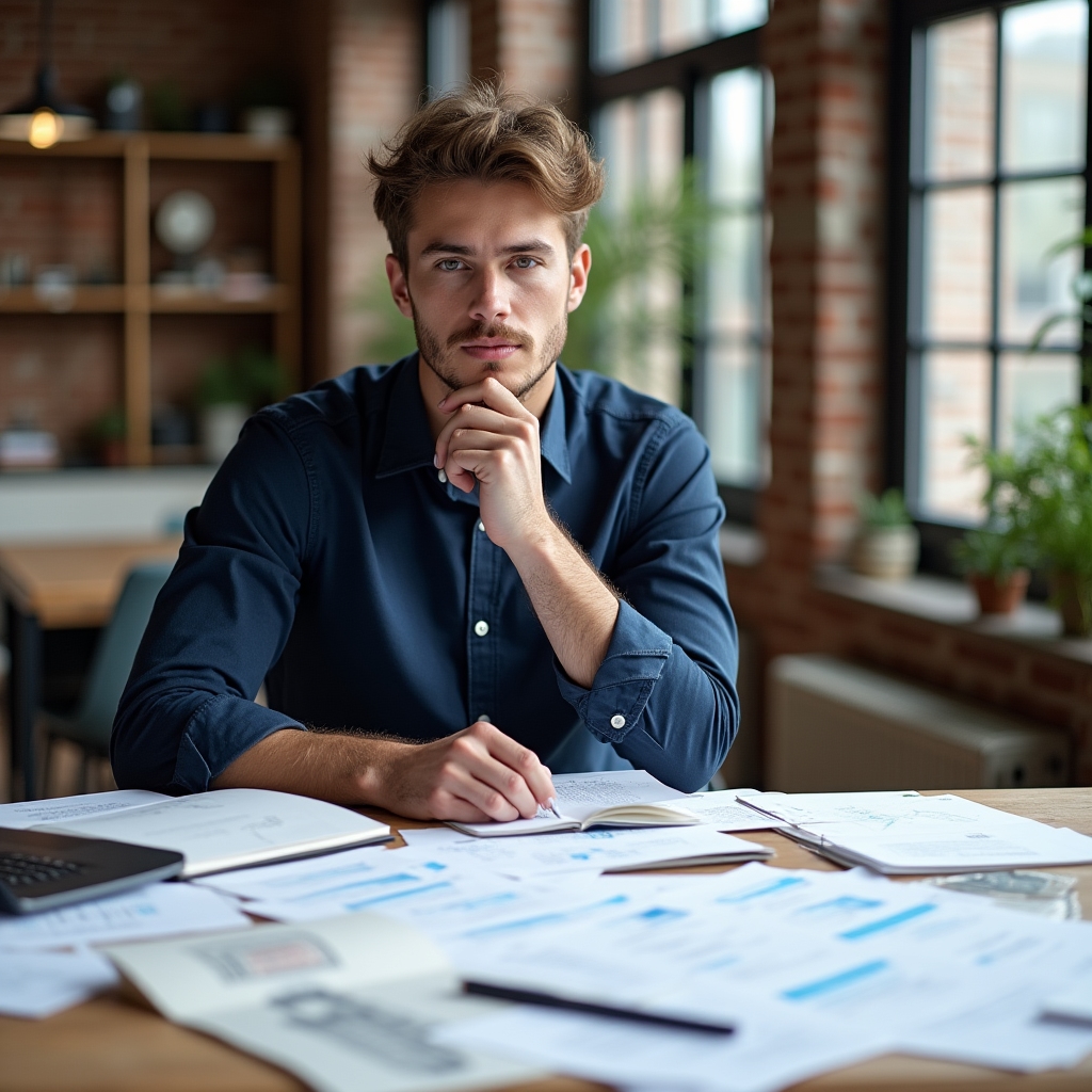 Researcher reviewing behavioral science papers and notes spread across a bright clean desk, focused and analytical atmosphere