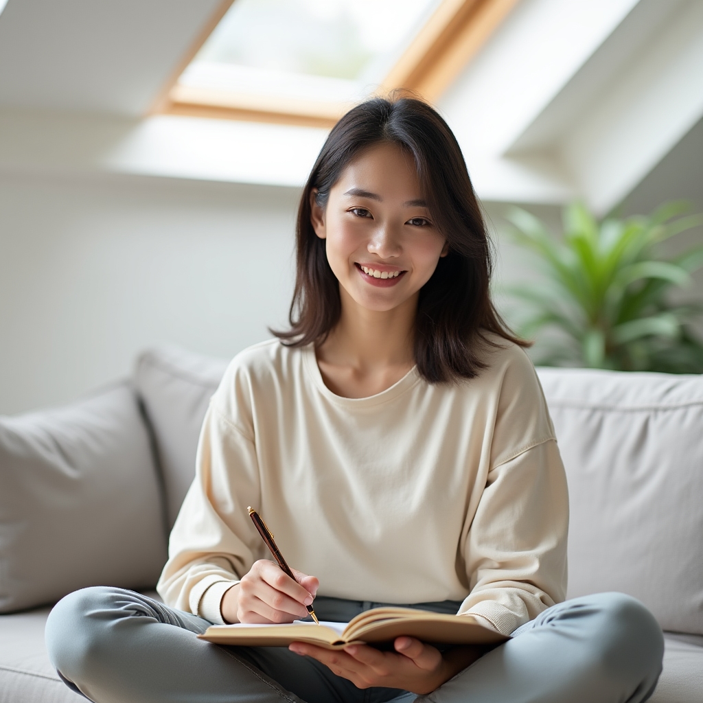 Close-up of a person writing in a journal after exercise, natural light, thoughtful expression, wellness journaling context
