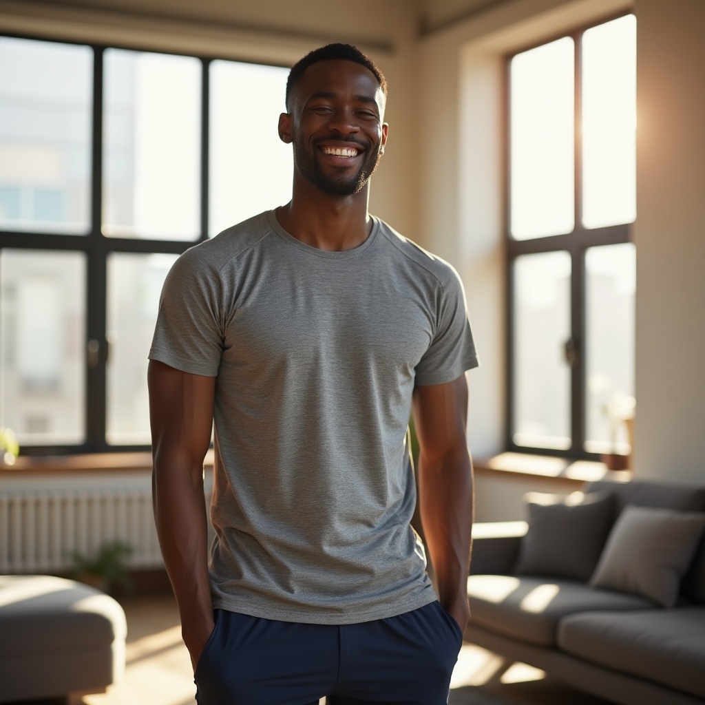Person stretching in a sunlit room after a workout, eyes closed, relaxed expression of satisfaction